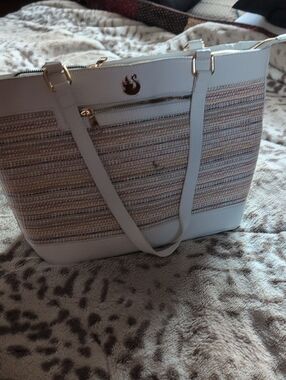 Light Gray Woven Stripe Tote Bag with Gold Accent